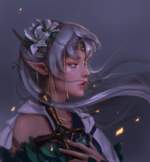 Fantasy elf woman with flowers and sword