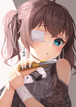 Anime girl with eyepatch and pigtails holding a utility knife