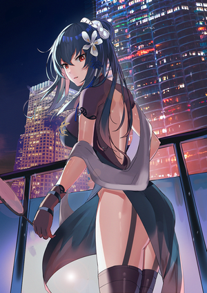 Saint Louis from Azur Lane on a balcony at night