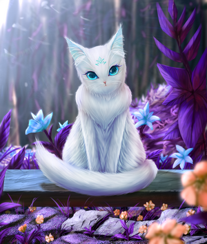 White cat with blue eyes in a fantasy forest