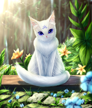 White cat with blue eyes in a garden