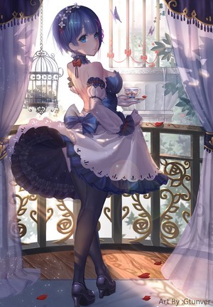 Rem from Re:Zero in a maid outfit on a balcony
