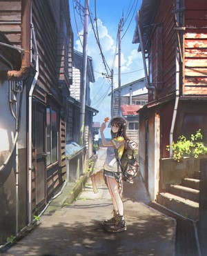 Anime girl with backpack in alley during summer's end