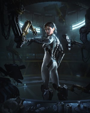 Woman in futuristic suit with robotic arms
