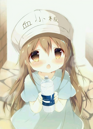 Platelet-chan from Hataraku Saibou holding a water bottle