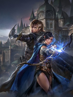 Fantasy art of elves with bows and daggers near a castle