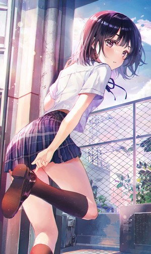 Anime girl with short dark hair in school uniform on rooftops