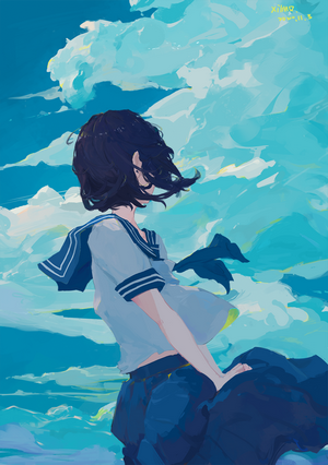 Anime girl in sailor uniform against a cloudy sky