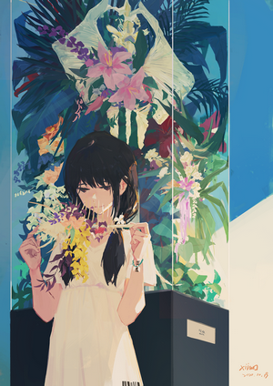 Anime girl with flowers in a display