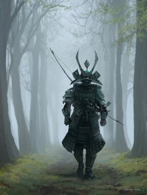 Samurai warrior with bow in a misty forest