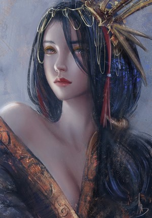 Artwork of an Asian woman with elaborate headdress