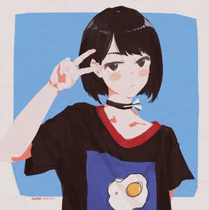 Anime girl with short black hair and a fried egg shirt