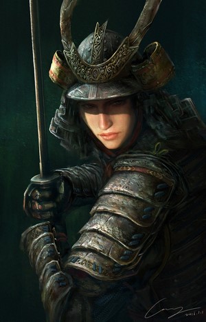 Samurai warrior in ornate armor holding a sword