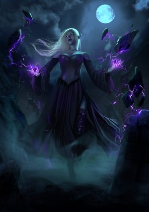 Elf sorceress casting magic under the moon