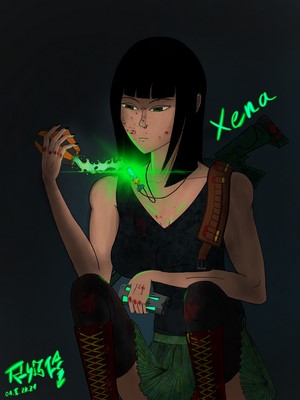 Xena with futuristic weapon and gear