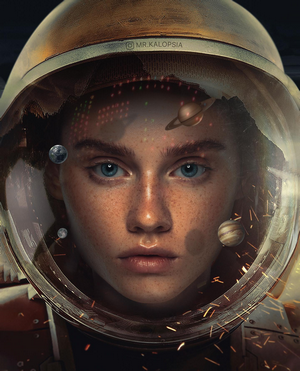 Astronaut with planets reflected in helmet