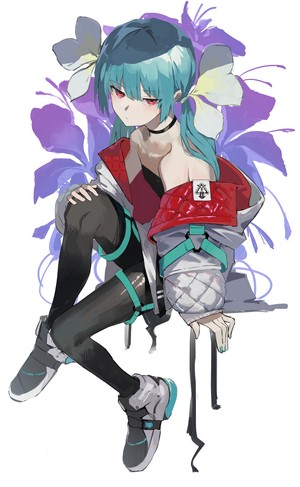 Anime girl with aqua hair and red eyes