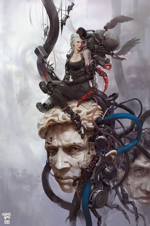 Cyborg woman sitting on a statue head with mechanical parts