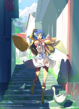 Anime girl with blue hair and umbrella in a rainy alley