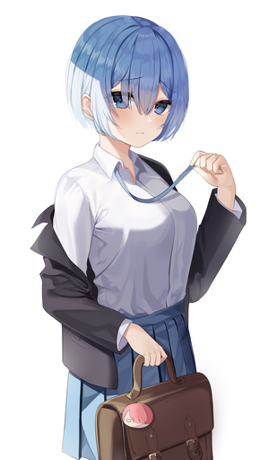 Rem from Re:Zero in school uniform with a bag