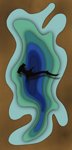 Hammerhead shark swimming in abstract ocean layers