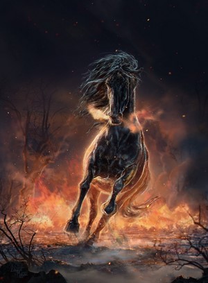Digital artwork of a black horse running through fire