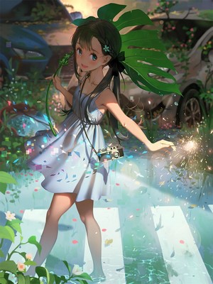 Anime girl with camera and sparkler in overgrown urban setting