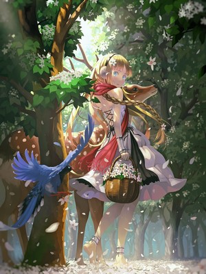 Anime girl with deer and bird in a forest