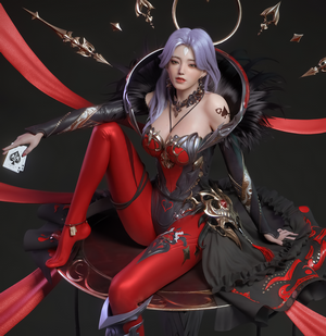 Woman with purple hair holding playing cards