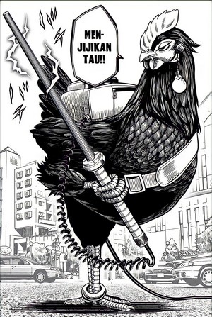 Chicken with a sword and a speech bubble
