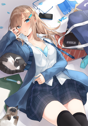Girl in School Uniform with Cats