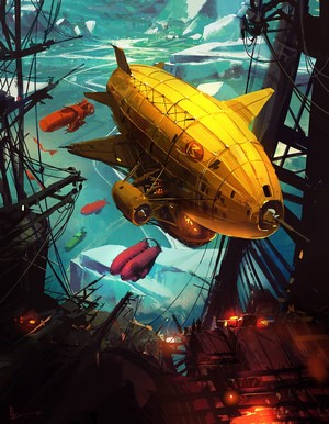 Steampunk zeppelin and airships in an icy landscape