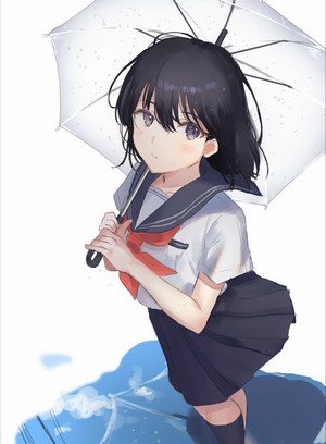 Anime girl with dark hair holding an umbrella