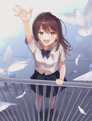 Anime girl in school uniform with doves