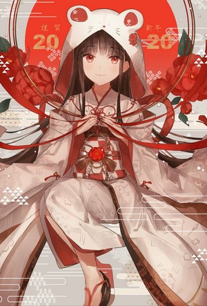 Anime girl in kimono with mouse hood for New Year