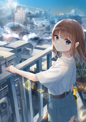 Anime girl on a balcony overlooking a cityscape with a whale and fish