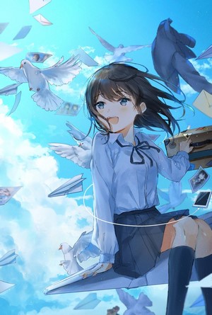 Anime girl with black hair and blue eyes flying with birds and paper planes