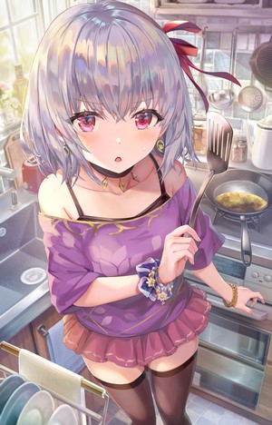 Kama from Fate/Grand Order cooking in a kitchen