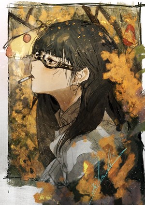 Anime girl with glasses smoking, moths and autumn leaves