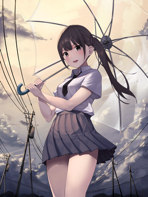 Anime girl with umbrella and powerlines