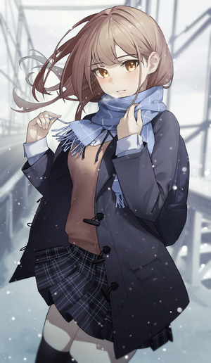 Anime girl in school uniform with scarf in snow