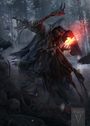 Fantasy art of a witch with fire and crows