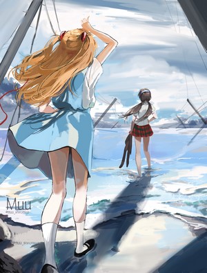 Asuka Langley Soryu and Makinami Mari from Neon Genesis Evangelion on a beach
