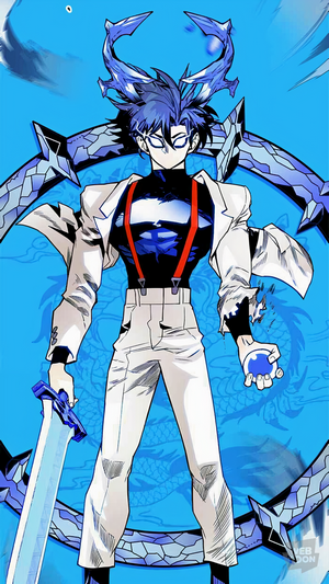 Man with blue dragon wings and sword