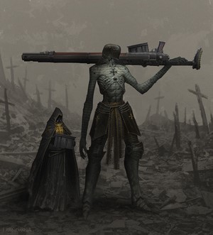 Undead soldier with a large rifle and a cloaked figure in a graveyard