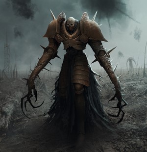 Dark Warrior with Spikes in a Ruined Landscape