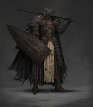 Dark Knight in Rusty Armor with Sword and Shield