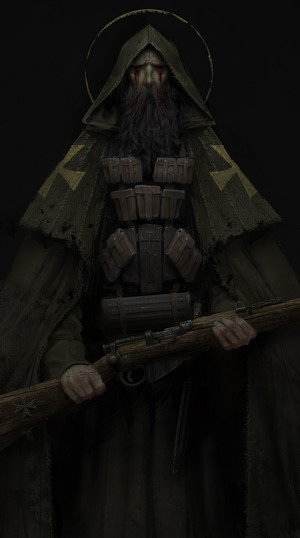 Artwork of a grim, robed figure with a rifle