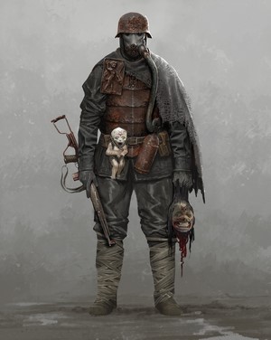 Soldier with gas mask and severed head