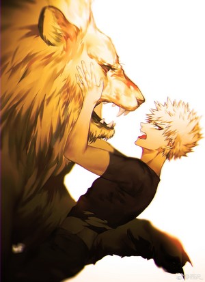 Katsuki Bakugou from Boku no Hero Academia fighting a lion